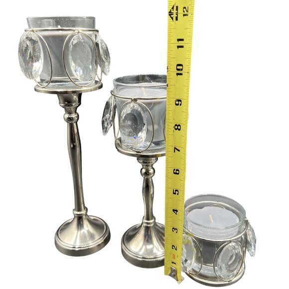 Crystal Pillar Silver Candle Holder 12" Set Of 3 Elegant Home Decor Centerpiece - Picture 3 of 16